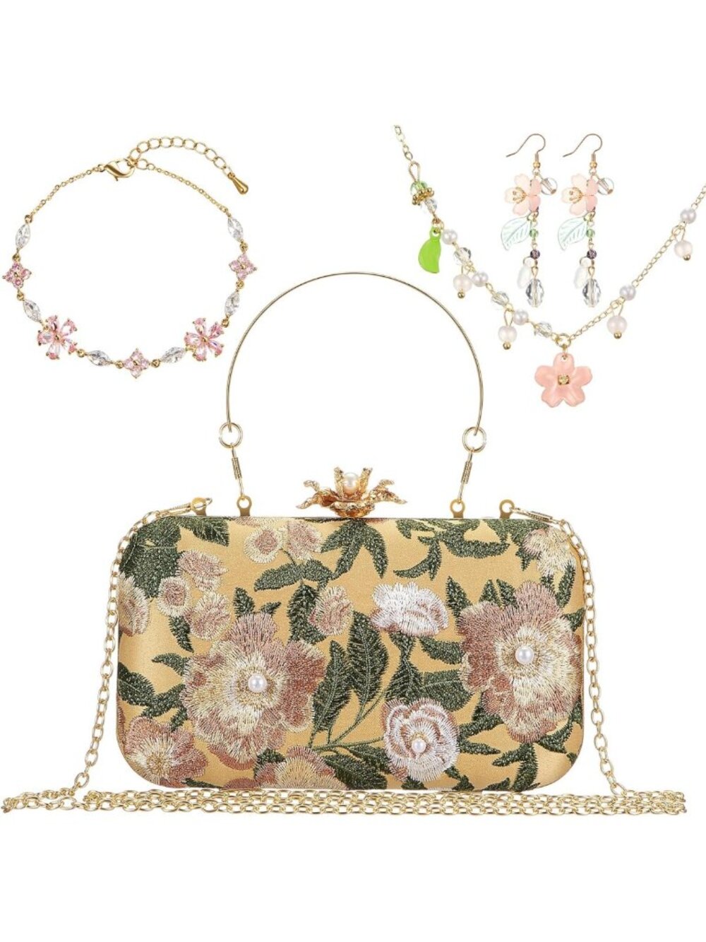 Floral Embroidered Clutch & Jewelry Set for Women - Elegant Accessories for Any